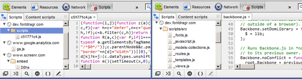 WebKit Devtools example of source maps on and source maps off